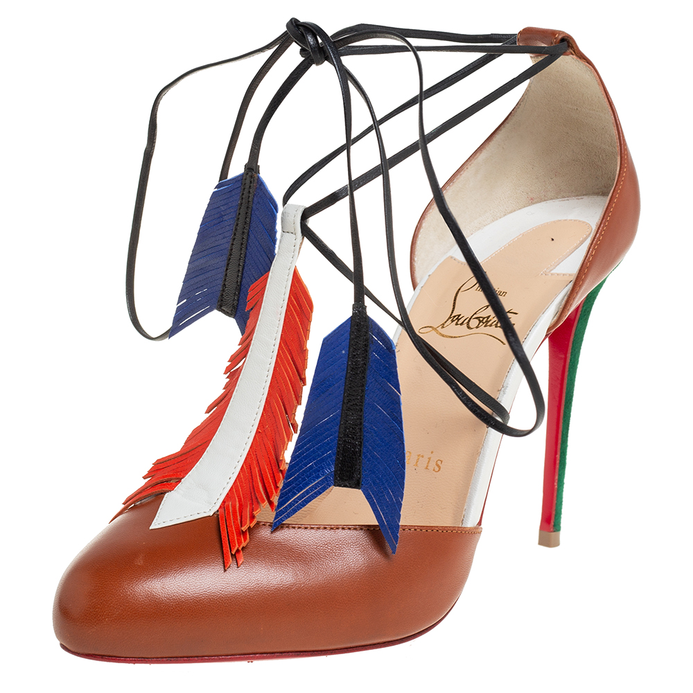 Christian Louboutin Multicolor Leather and Suede Fringe Tie Up Pumps Size 38