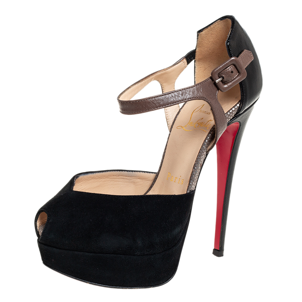 Christian Louboutin Black/Grey Suede And Leather Peep Toe Ankle Strap Platform Sandals Size 35