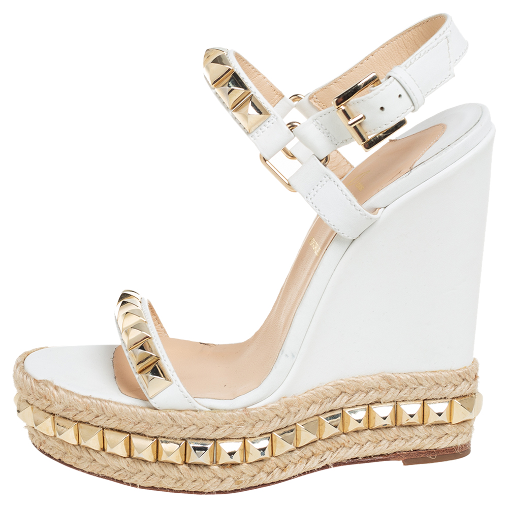 

Christian Louboutin White Leather Studded Cataclou Wedge Ankle Strap Sandals Size