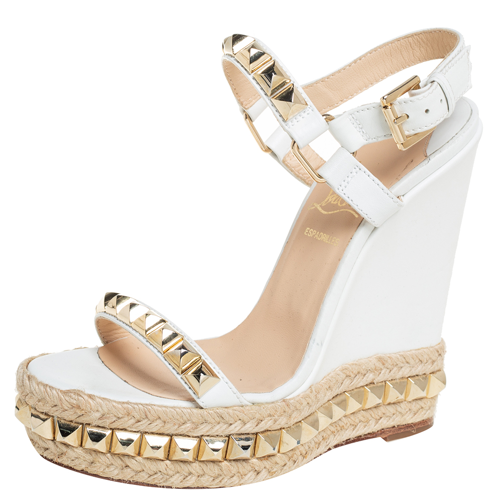 Christian Louboutin White Leather Studded Cataclou Wedge Ankle Strap Sandals Size 36