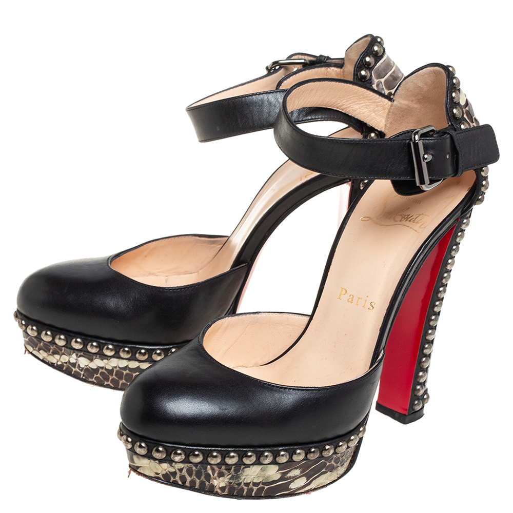 Christian Louboutin Black Leather And Brown Water Snake Figurina Platform Ankle Strap Pumps Size 36