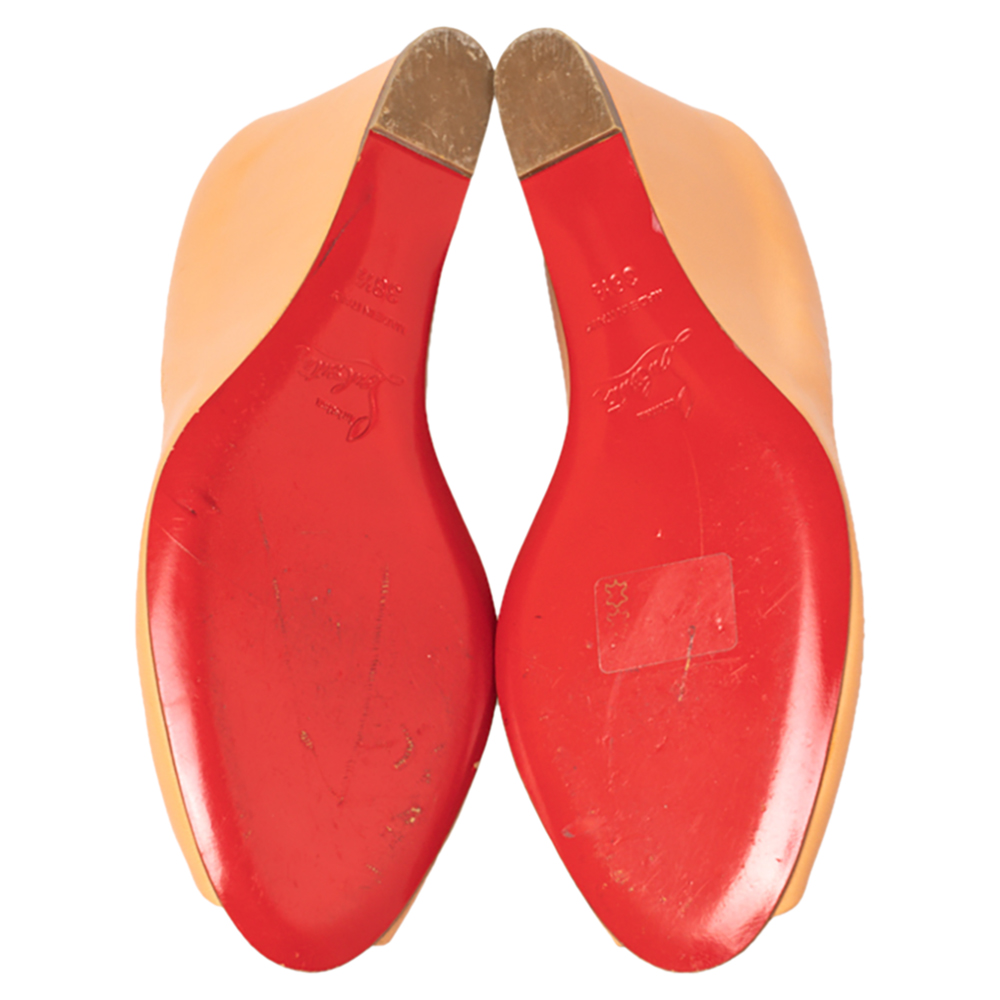 Christian Louboutin Peach Leather Peep Toe Wedge Pumps Size 38.5