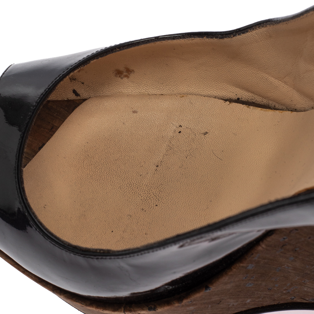 Christian Louboutin Black Patent Leather Une Plume Peep Toe Cork Slingback Wedges Size 41