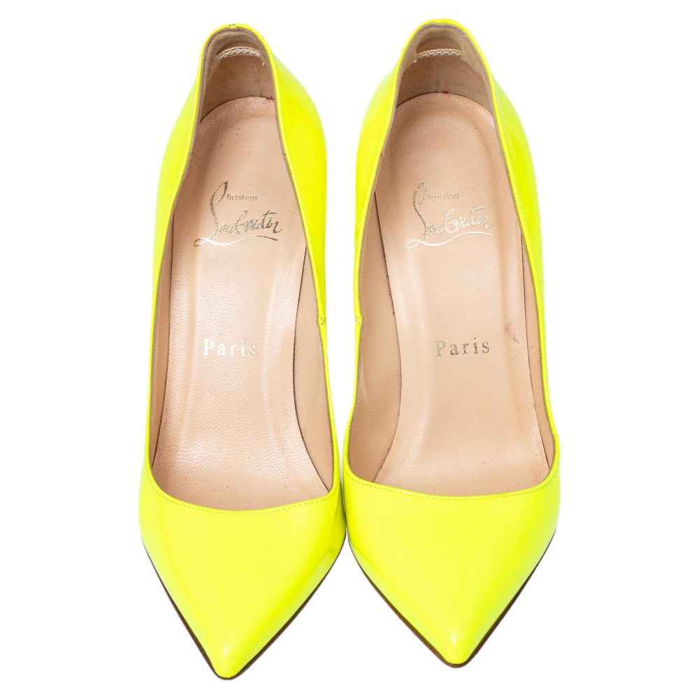 Christian Louboutin Neon Green Leather Pigalle Follies Pointed Toe Pumps Size 35.5