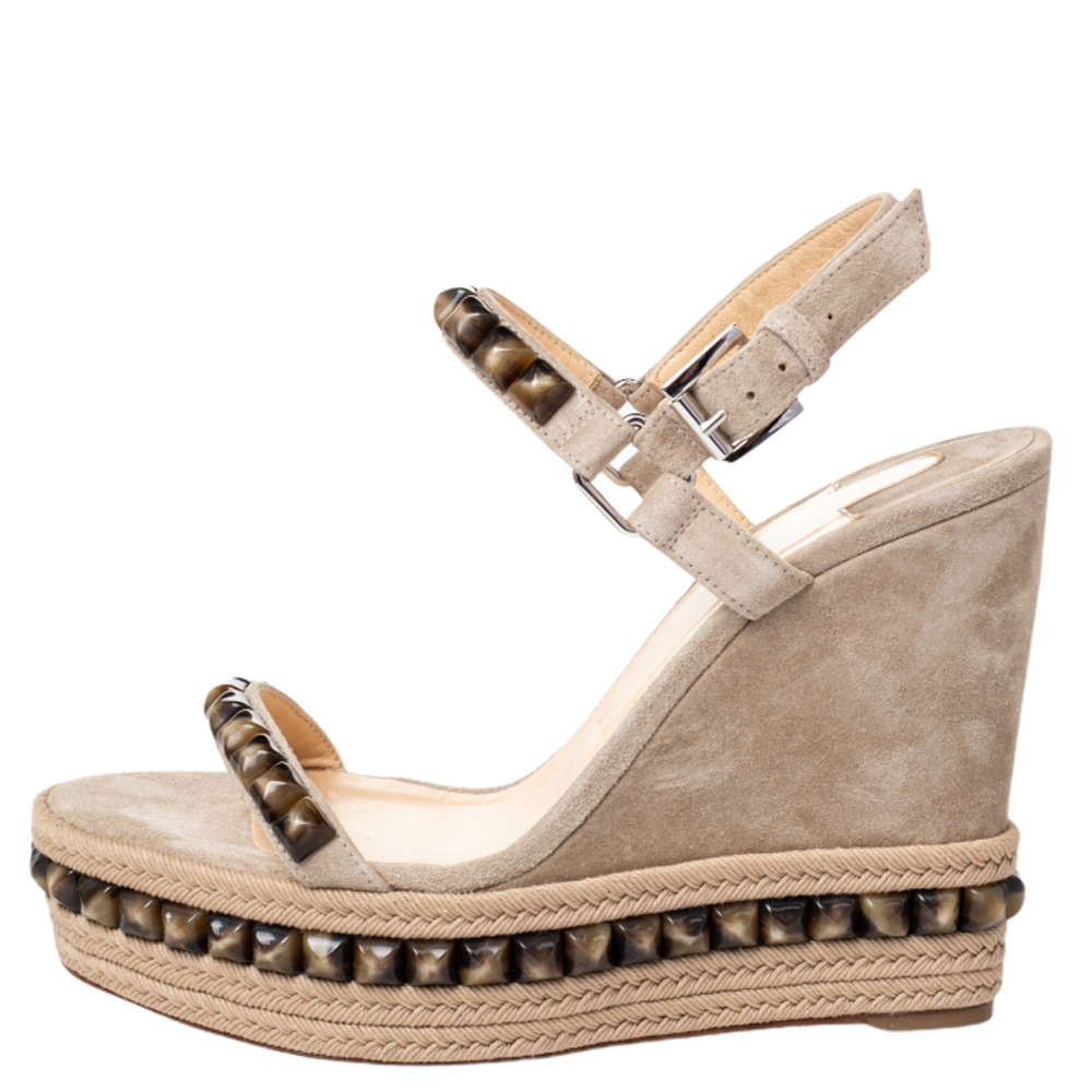 

Christian Louboutin Beige Suede Beads Cataclou Wedge Ankle Strap Sandals Size