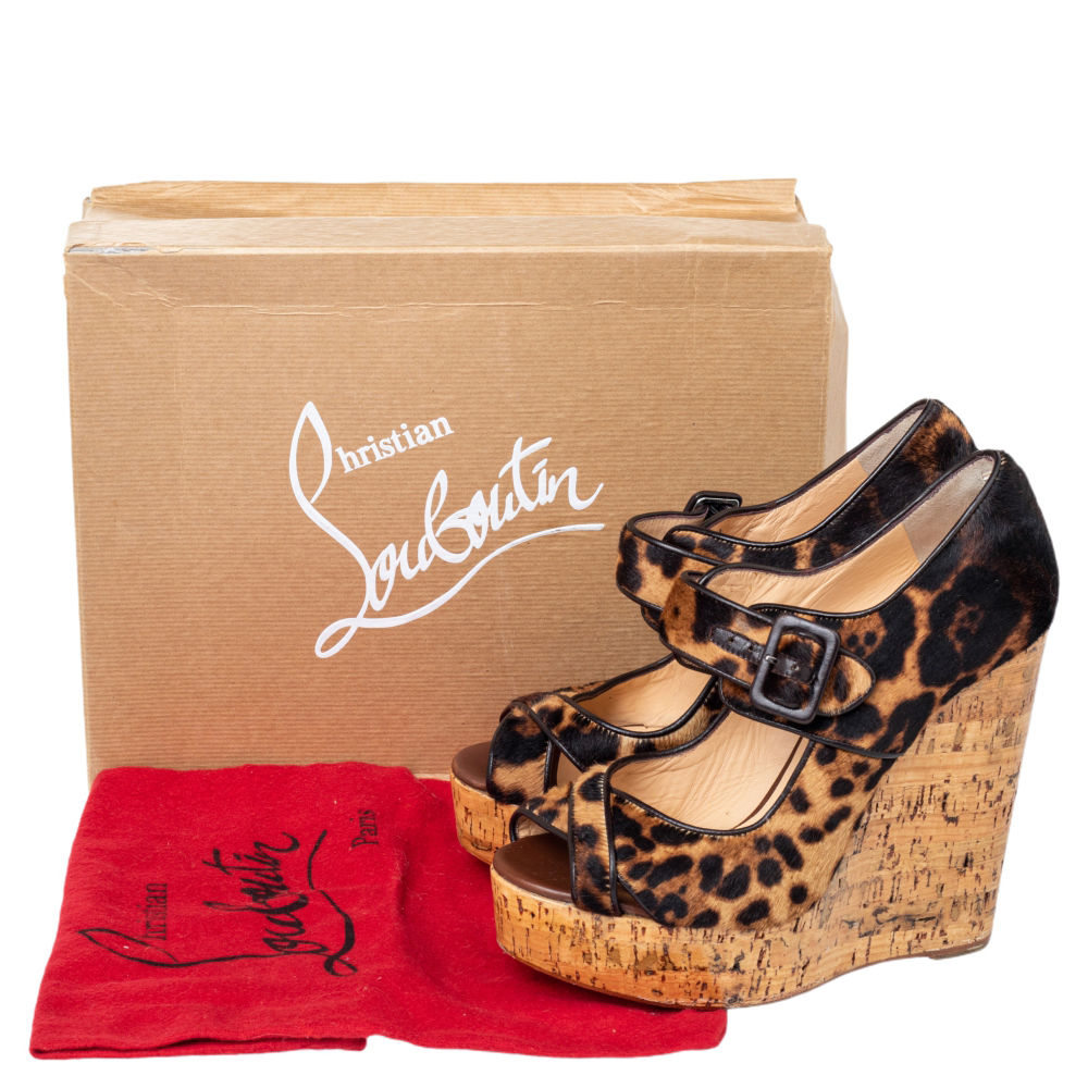 Christian Louboutin Brown Leopard Print Pony Hair Melides Cork Wedge Sandals Size 38.5