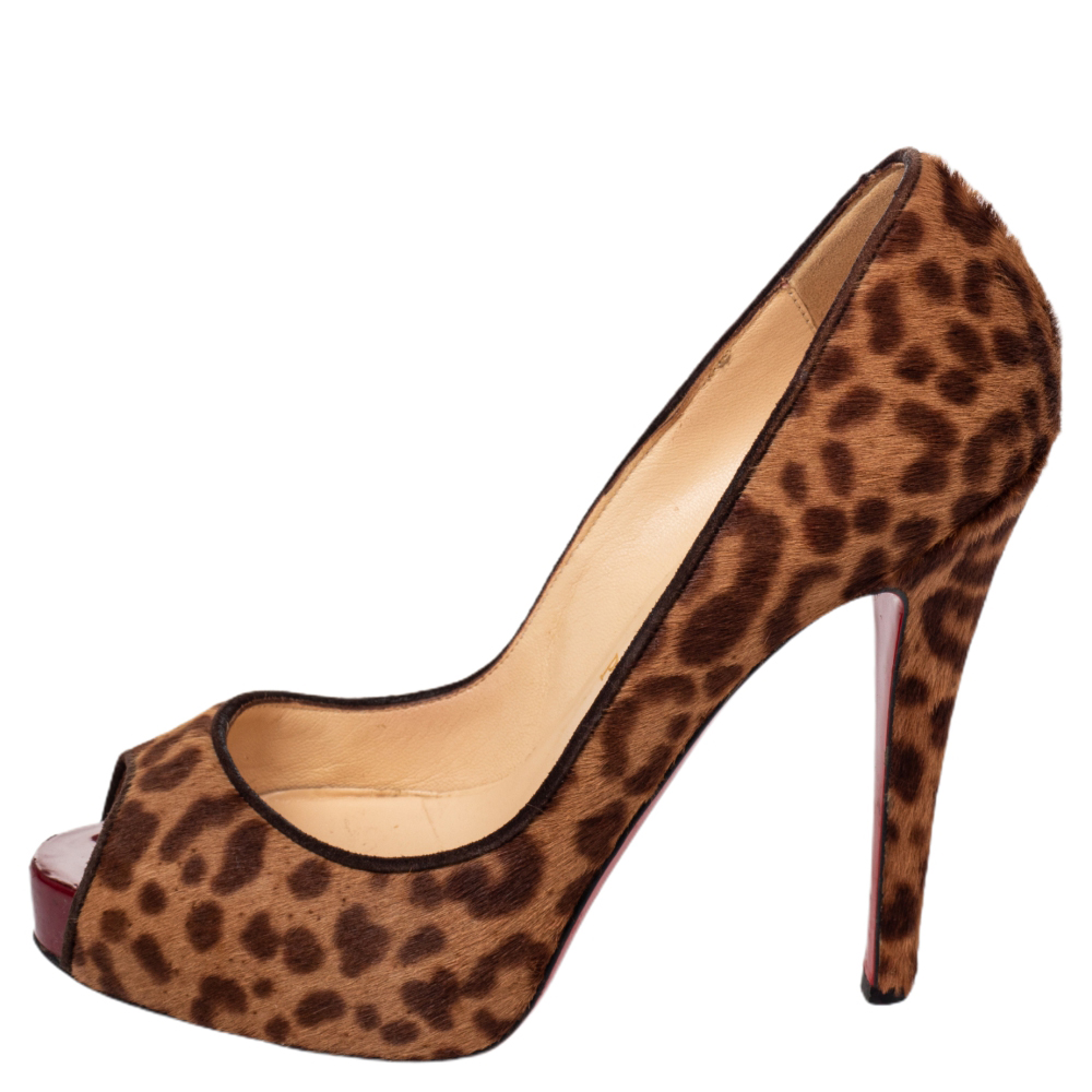 Christian Louboutin Brown Leopard Print Calf Hair Dorispky Peeptoe Pumps Size 36