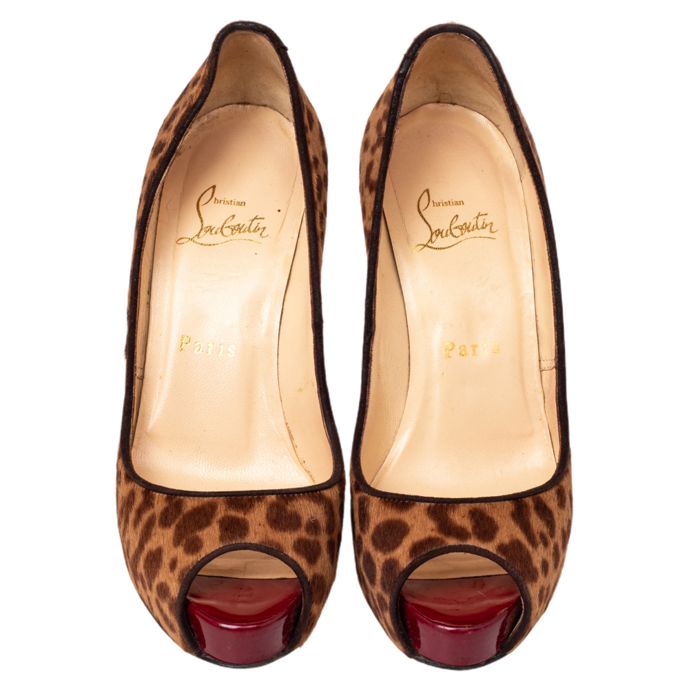 Christian Louboutin Brown Leopard Print Calf Hair Dorispky Peeptoe Pumps Size 36