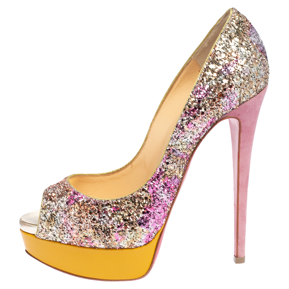 Christian Loubuton Multicolor Glitter and Leather Lady Peep Toe Platform Pumps Size
Christian Loubuton Multicolor Glitter and Leather Lady Peep Toe Platform Pumps Size