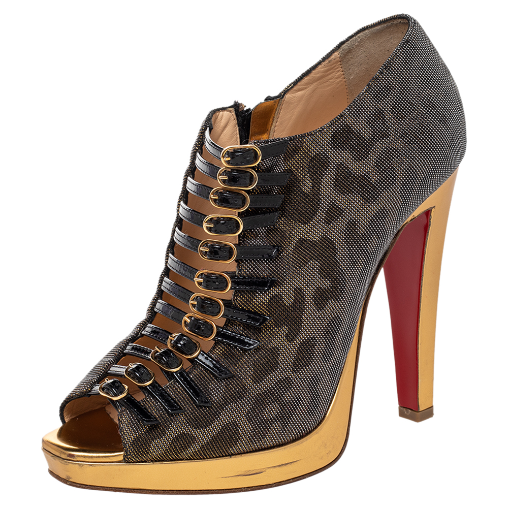 Christian Louboutin Metallic Leopard Print Lurex Fabric Manon Peep Toe Ankle Boots Size 39