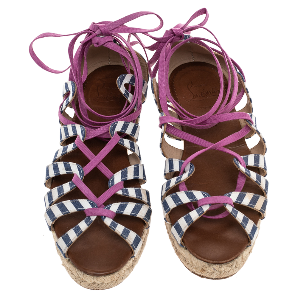 Christian Louboutin Multicolor Fabric Espadrille Ankle Wrap Flat Sandals Size 36