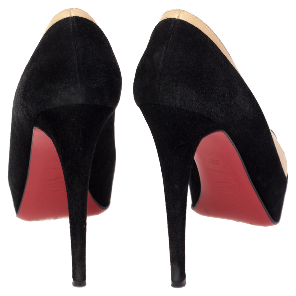 Christian Louboutin Black/Cream Suede And Leather Mago Platform Pumps Size 35.5