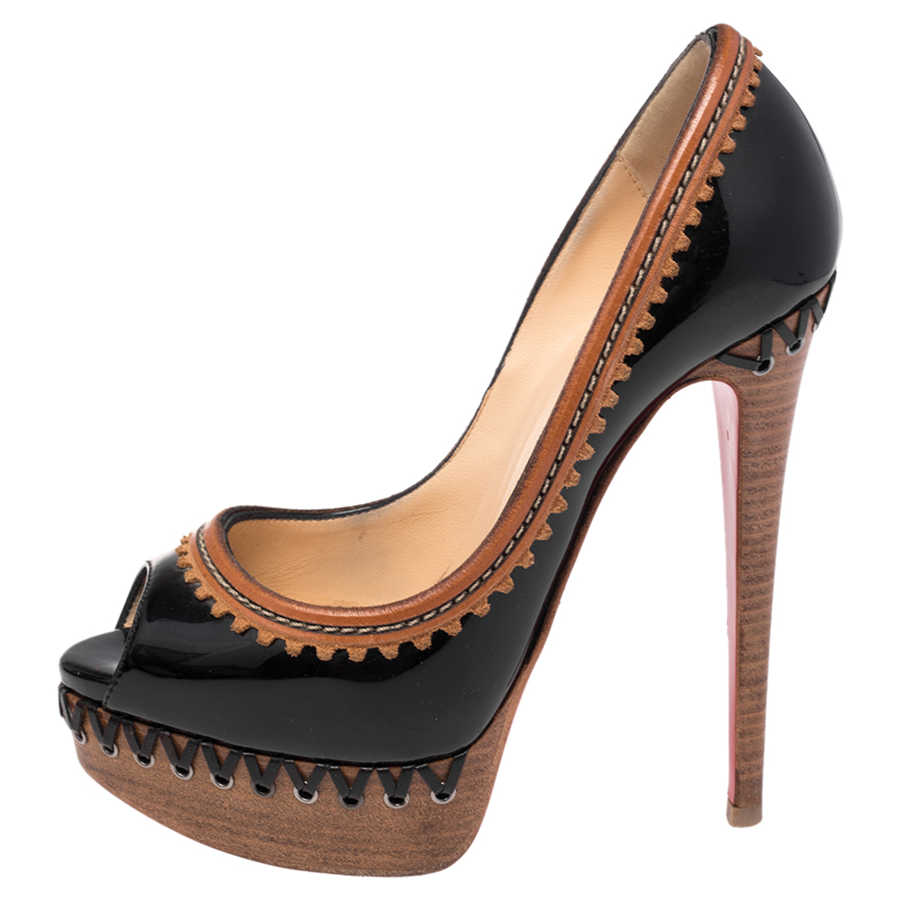 Christian Louboutin Black/Beige Patent Leather and Wood Trepi Prive Peep Toe Pumps Size
Christian Louboutin Black/Beige Patent Leather and Wood Trepi Prive Peep Toe Pumps Size