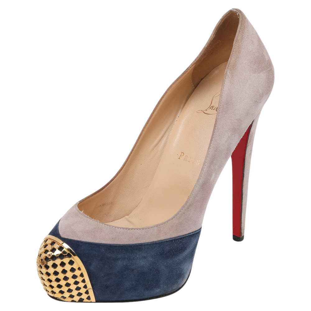 Christian Louboutin Grey/Blue Suede Maggie Embellished Cap Toe Platform Pumps Size 38