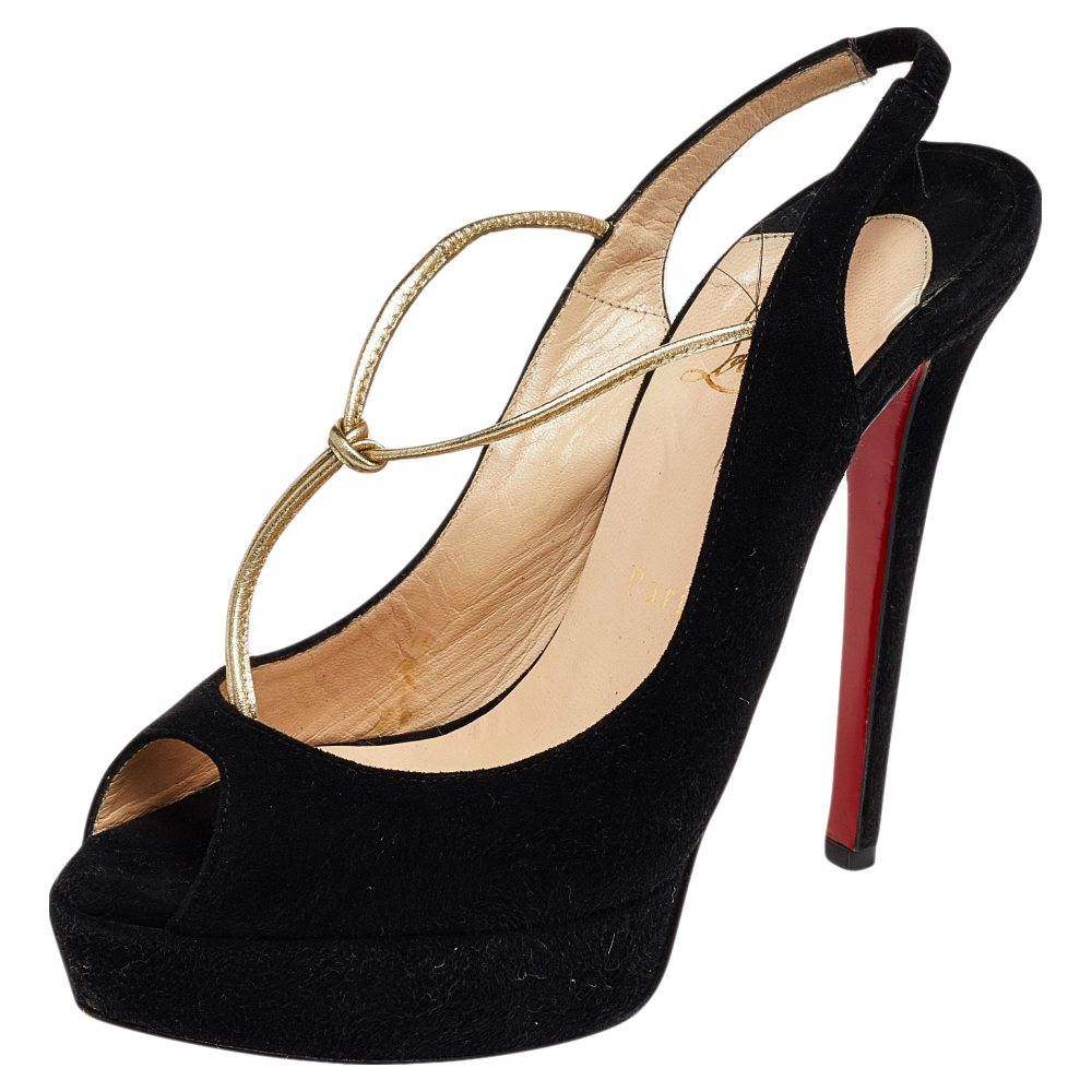 Christian louboutin black suede alta spritney slingback pumps size 36.5