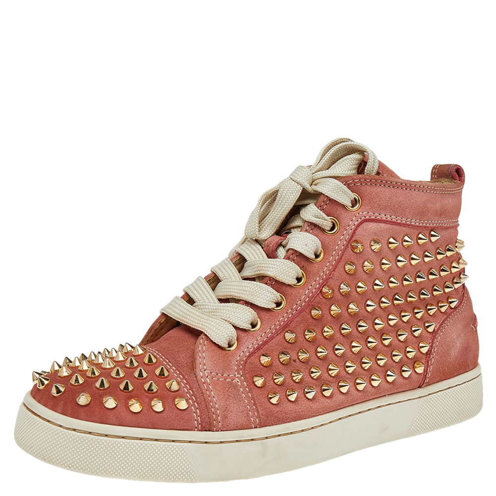 Christian Louboutin Peach Nubuck Spike Embellished Louis Orlato Mid Top Sneakers Size 38