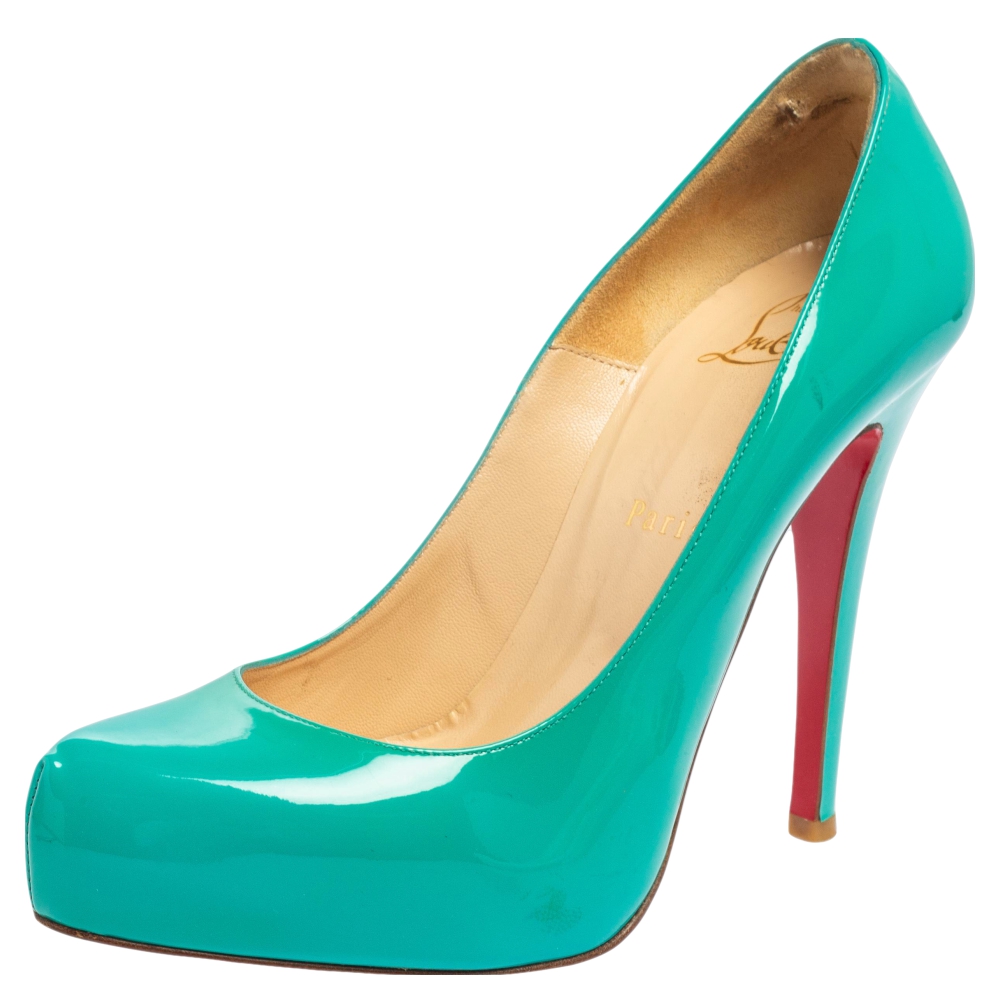 Christian louboutin turquoise patent leather rolando platform pumps size 37