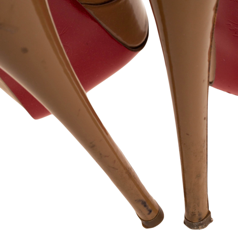 Christian Louboutin Beige Patent Leather Mademoi Crisscross Peep Toe Pumps Size 36.5