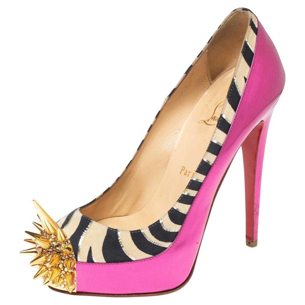 Christian louboutin pink zebra print suede and patent leather limited edition asteroid spike pumps size 36