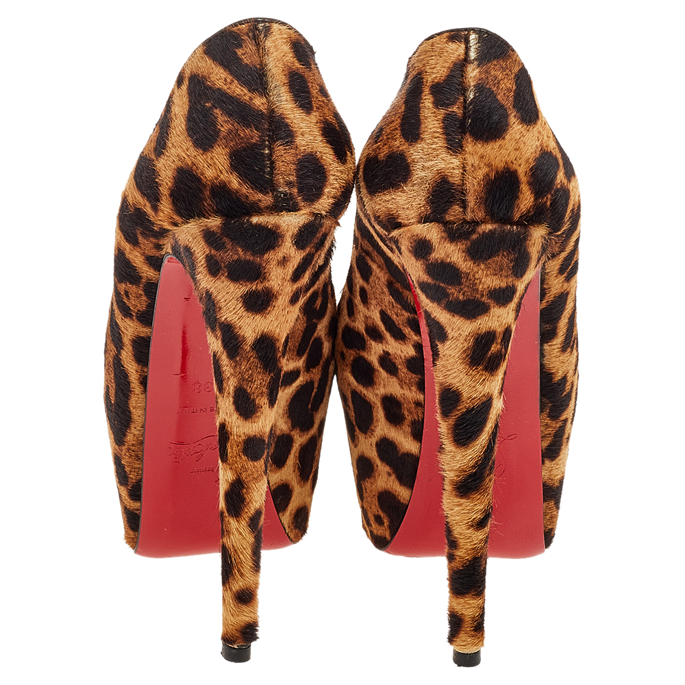 Christian Louboutin Brown Leopard Print Calf Hair Highness Peep Toe Platform Pumps Size 38