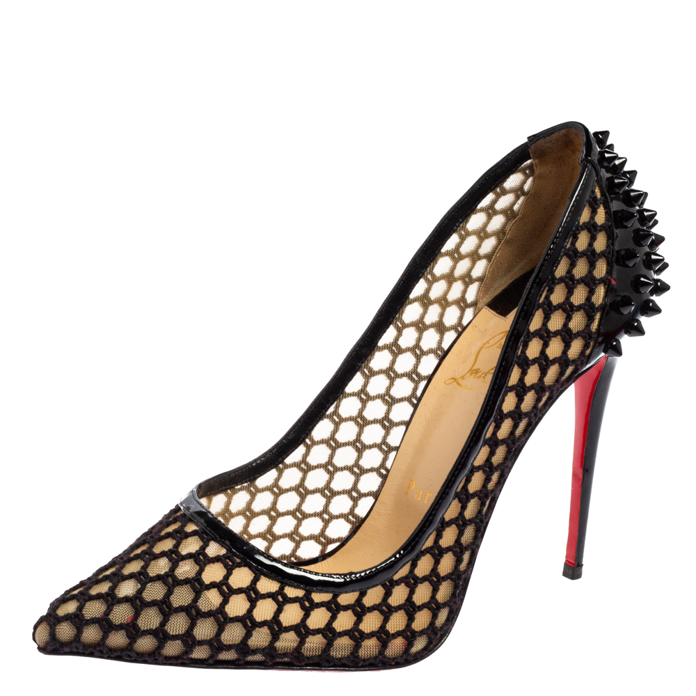 Christian Louboutin Black Mesh And Patent Leather Spike Embellished Guni Pointed Toe Pumps Size 38.5
