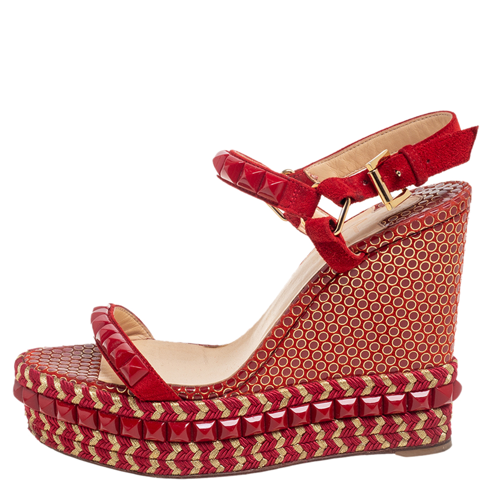 

Christian Louboutin Gold/Red Suede Studded Cataclou Espadrille Wedge Sandals Size