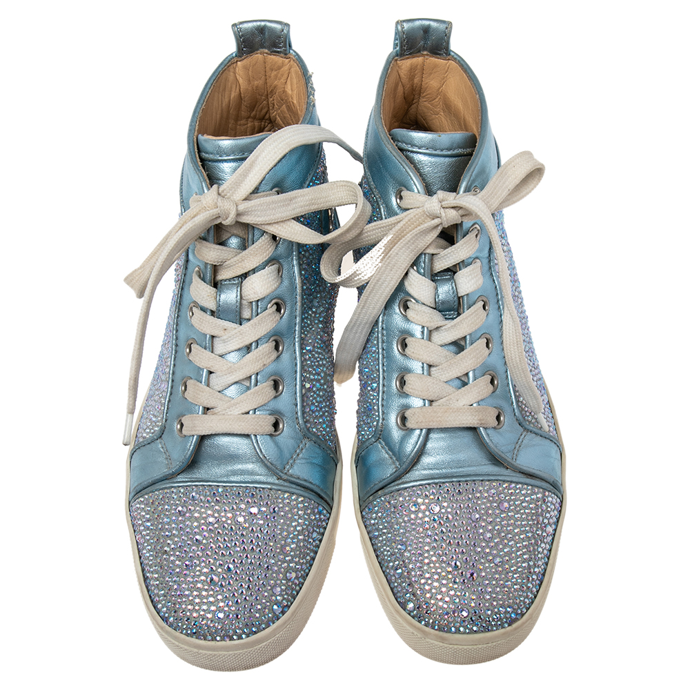 Christian Louboutin Light Blue Leather Crystals Embellished Louis Orlato High Top Sneakers Size 38