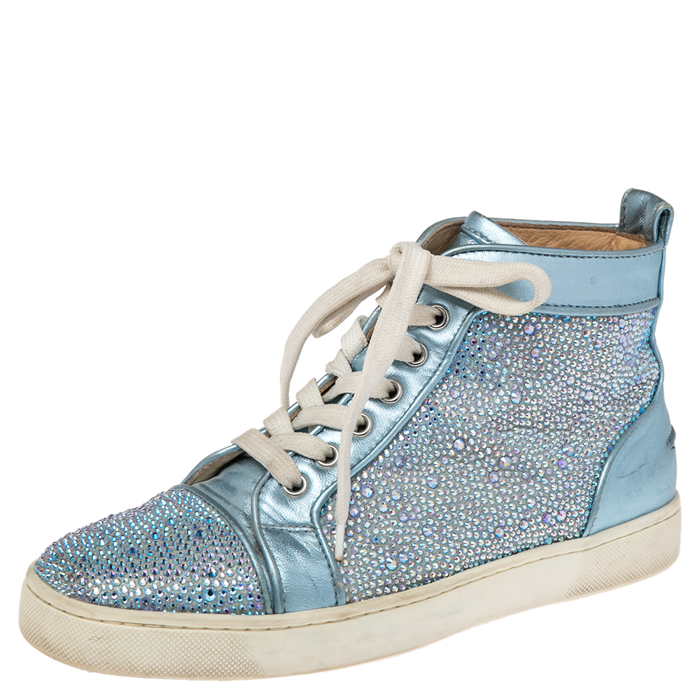 Christian louboutin light blue leather crystals embellished louis orlato high top sneakers size 38