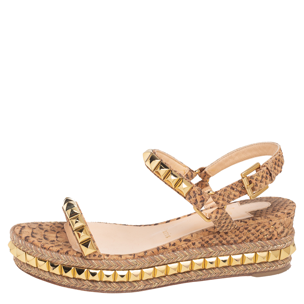 

Christian Louboutin Beige Python Embossed Leather Cataclou Espadrille Wedge Sandals Size