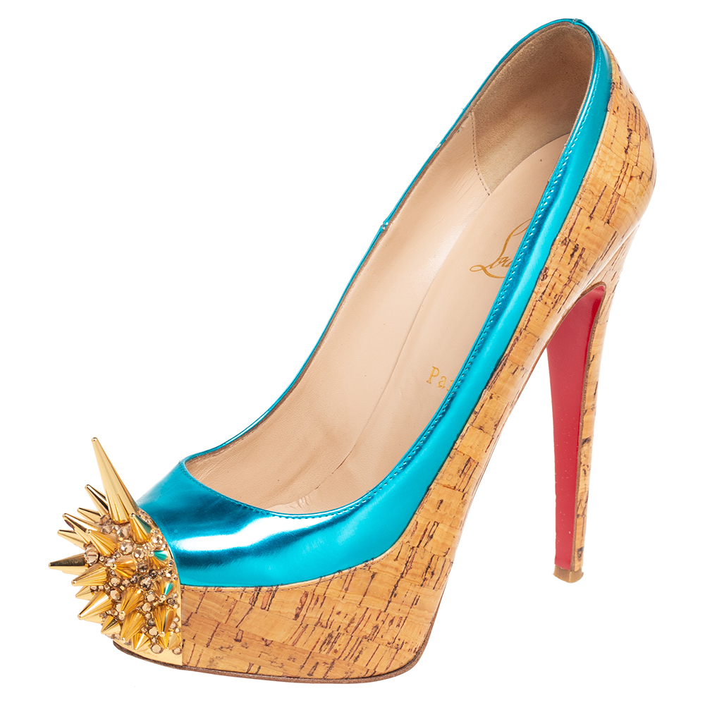 Christian louboutin beige/blue leather and cork asteroid pumps size 38