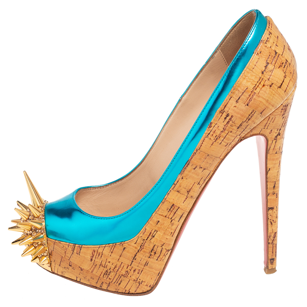 Christian Louboutin Beige/Blue Leather And Cork Asteroid Pumps Size 38