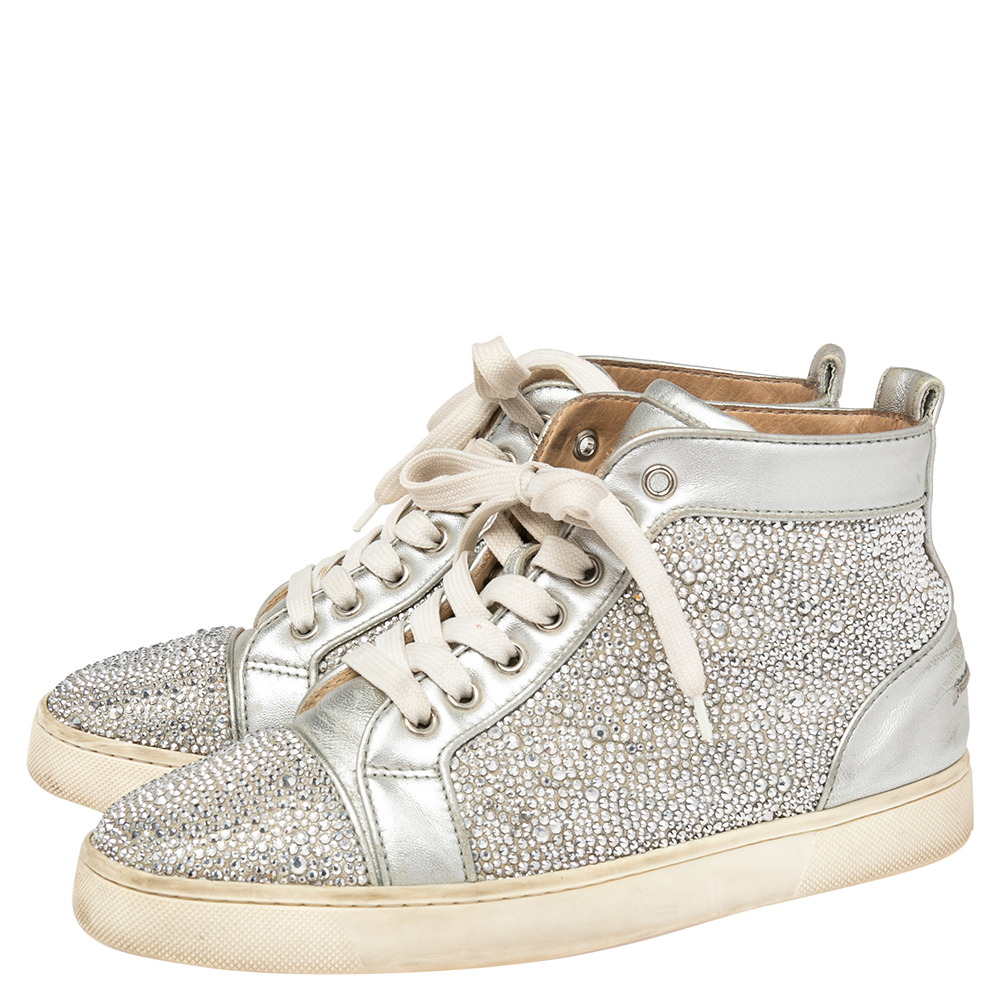 Christian Louboutin Silver Leather And Crystal Embellished  Louis Spikes High-Top Sneakers Size 38.5