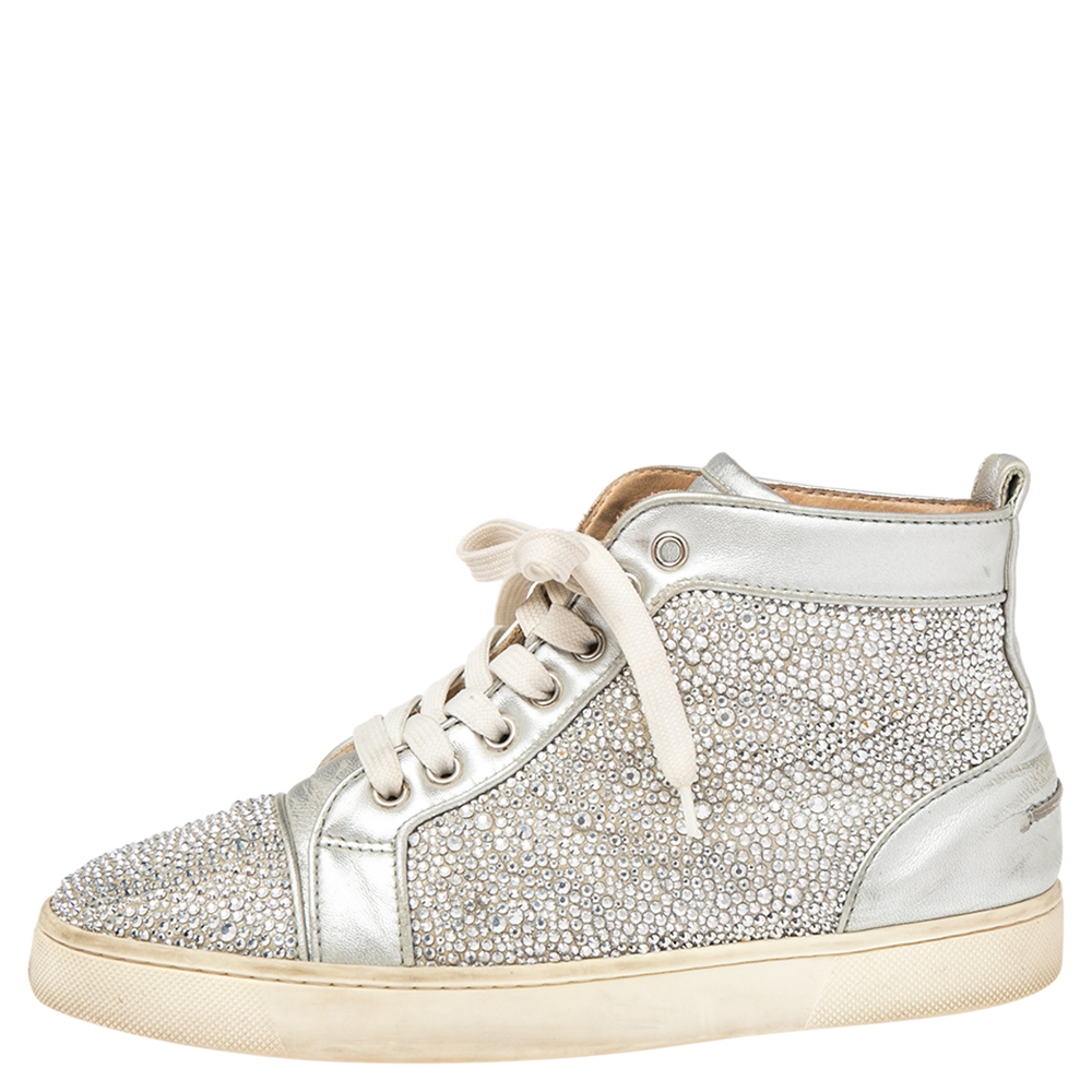 Christian Louboutin Silver Leather And Crystal Embellished  Louis Spikes High-Top Sneakers Size 38.5