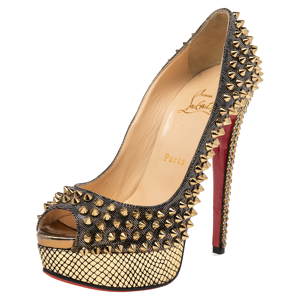 Christian louboutin gold lurex fabric lady peep toe spike platform pumps size 36.5