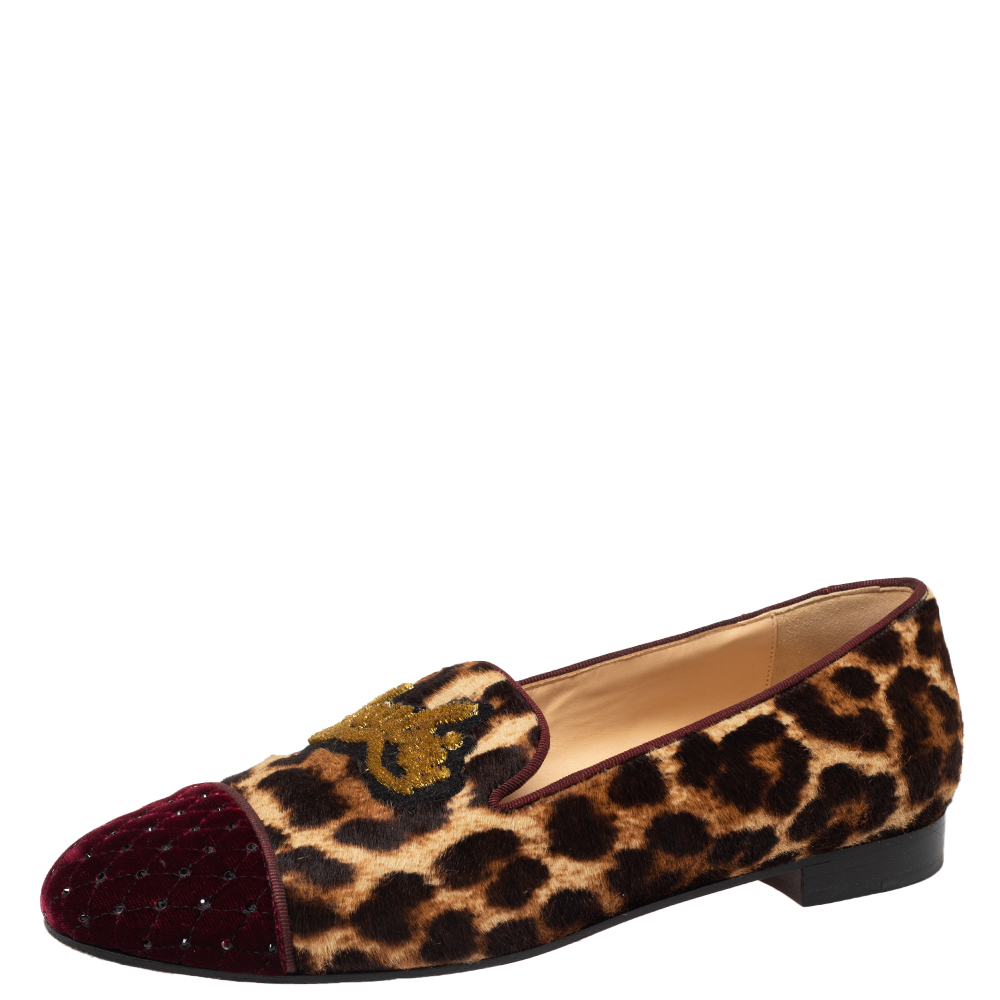 Christian louboutin brown tiger print pony hair and  canvas rollerboy  loafers size 38.5