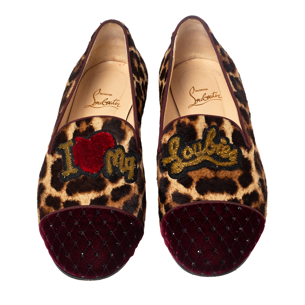 Christian Louboutin Brown Tiger Print Pony Hair And  Canvas Rollerboy  Loafers Size 38.5