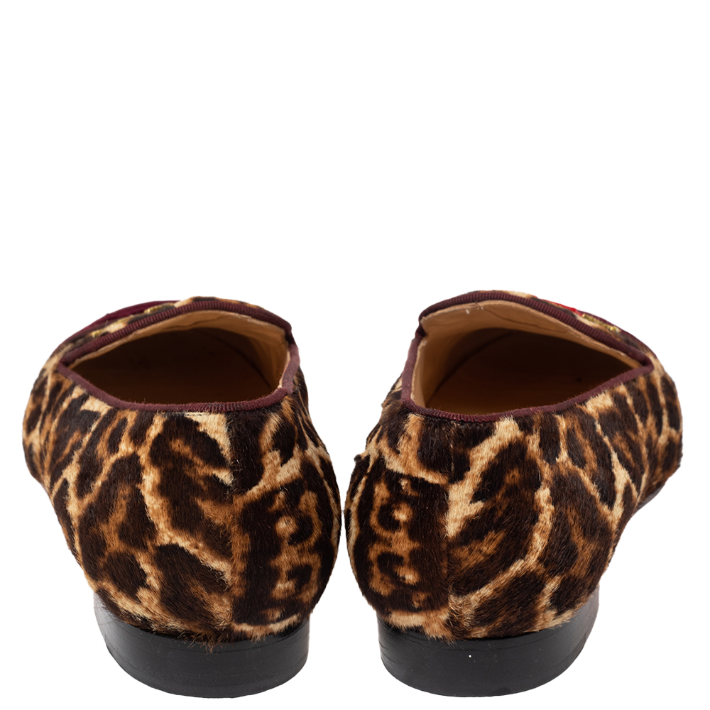 Christian Louboutin Brown Tiger Print Pony Hair And  Canvas Rollerboy  Loafers Size 38.5