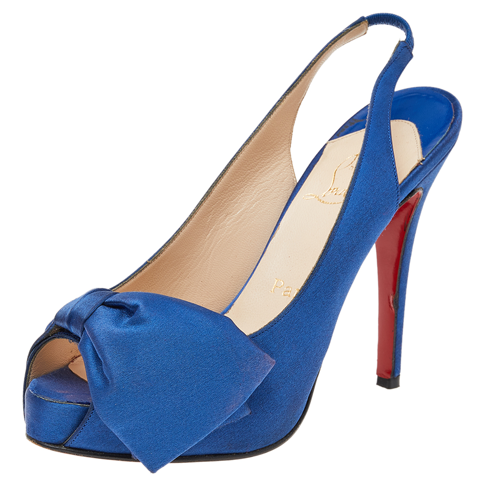 Christian louboutin blue satin bow platform slingback sandals size 37.5
