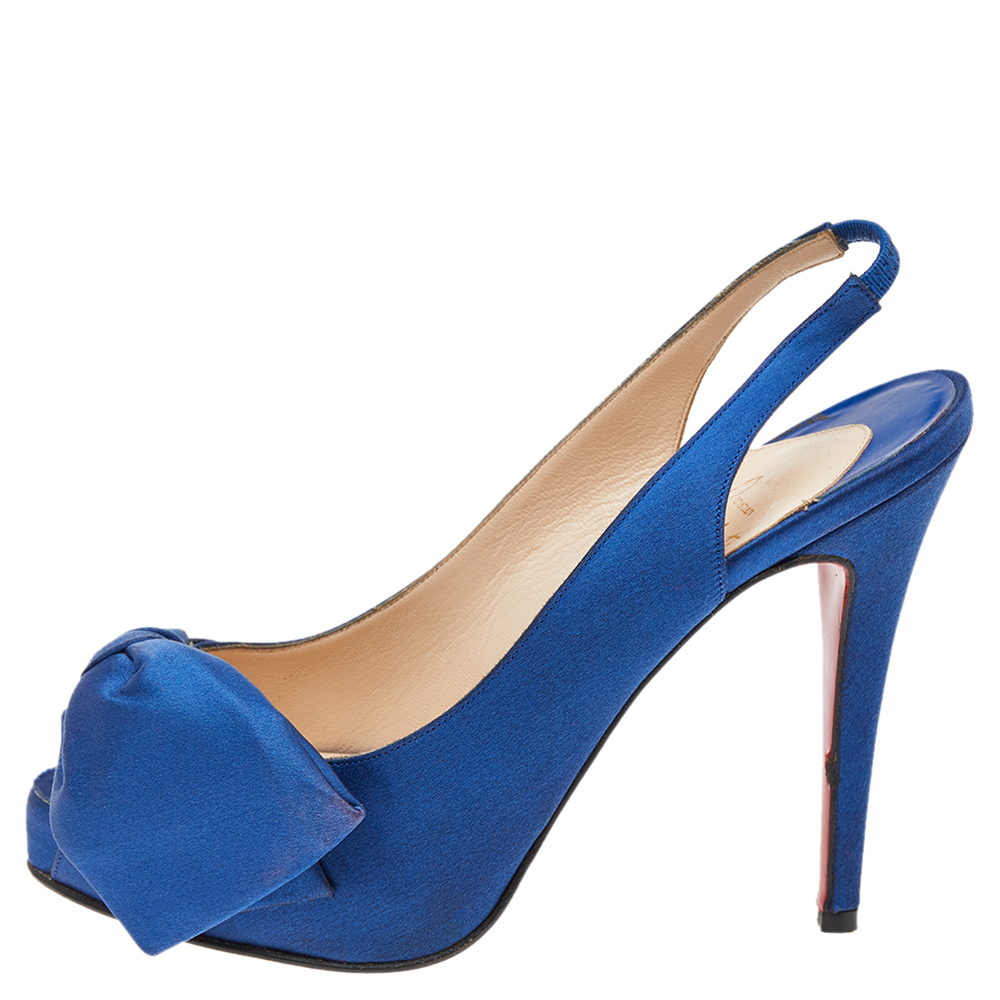 Christian Louboutin Blue Satin Bow Platform Slingback Sandals Size 37.5