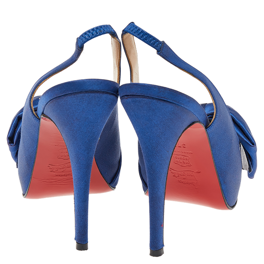 Christian Louboutin Blue Satin Bow Platform Slingback Sandals Size 37.5