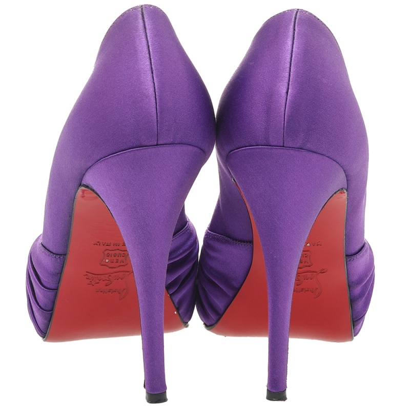 Christian Louboutin Purple Satin Knotted Greissimo Platform Peep Toe Pumps Size 38