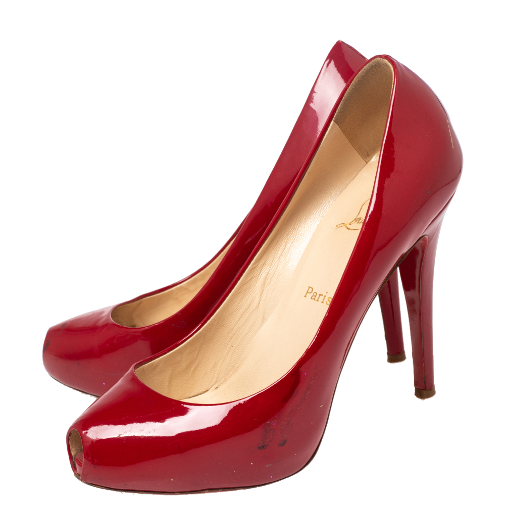 Christian Louboutin Red Patent Leather Peep Toe Platform Pumps Size 38