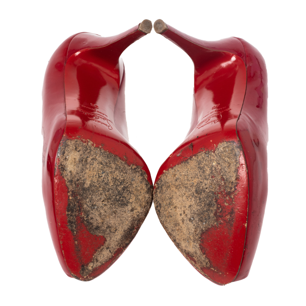 Christian Louboutin Red Patent Leather Peep Toe Platform Pumps Size 38
