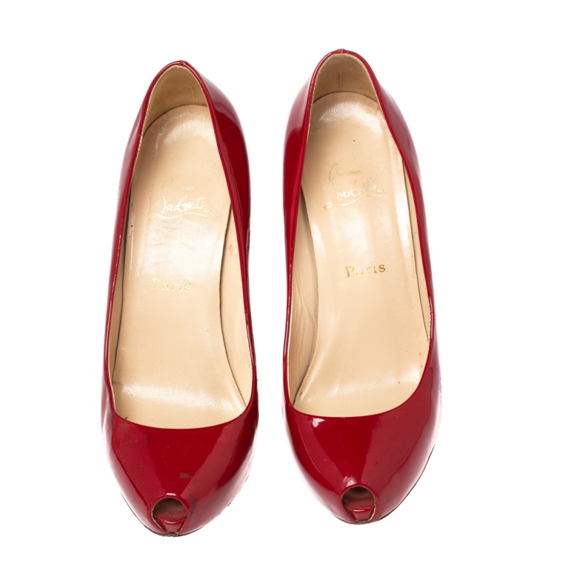 Christian Louboutin Red Patent Leather Peep Toe Platform Pumps Size 38