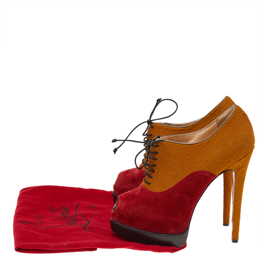 Christian Louboutin Yellow/Red Pony Hair And Suede Miss Poppins Peep Toe Platform Booties Size 36.5