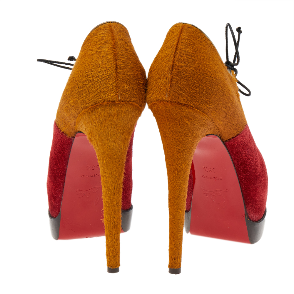 Christian Louboutin Yellow/Red Pony Hair And Suede Miss Poppins Peep Toe Platform Booties Size 36.5