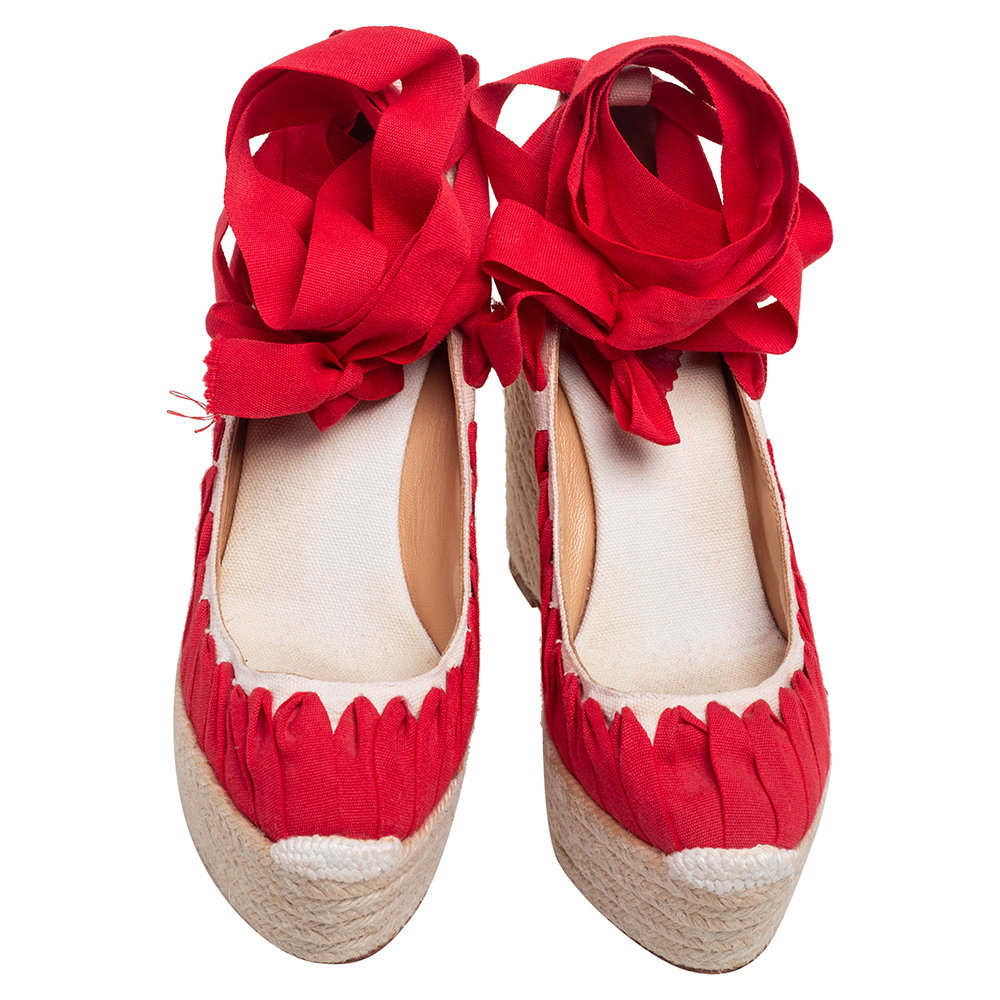 Christian Louboutin Cream/Red Canvas Ibiza Espadrille Wedge Sandals Size 38