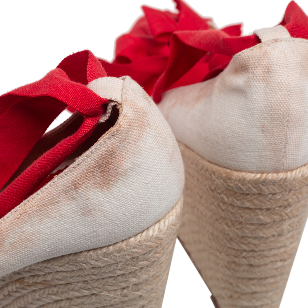 Christian Louboutin Cream/Red Canvas Ibiza Espadrille Wedge Sandals Size 38