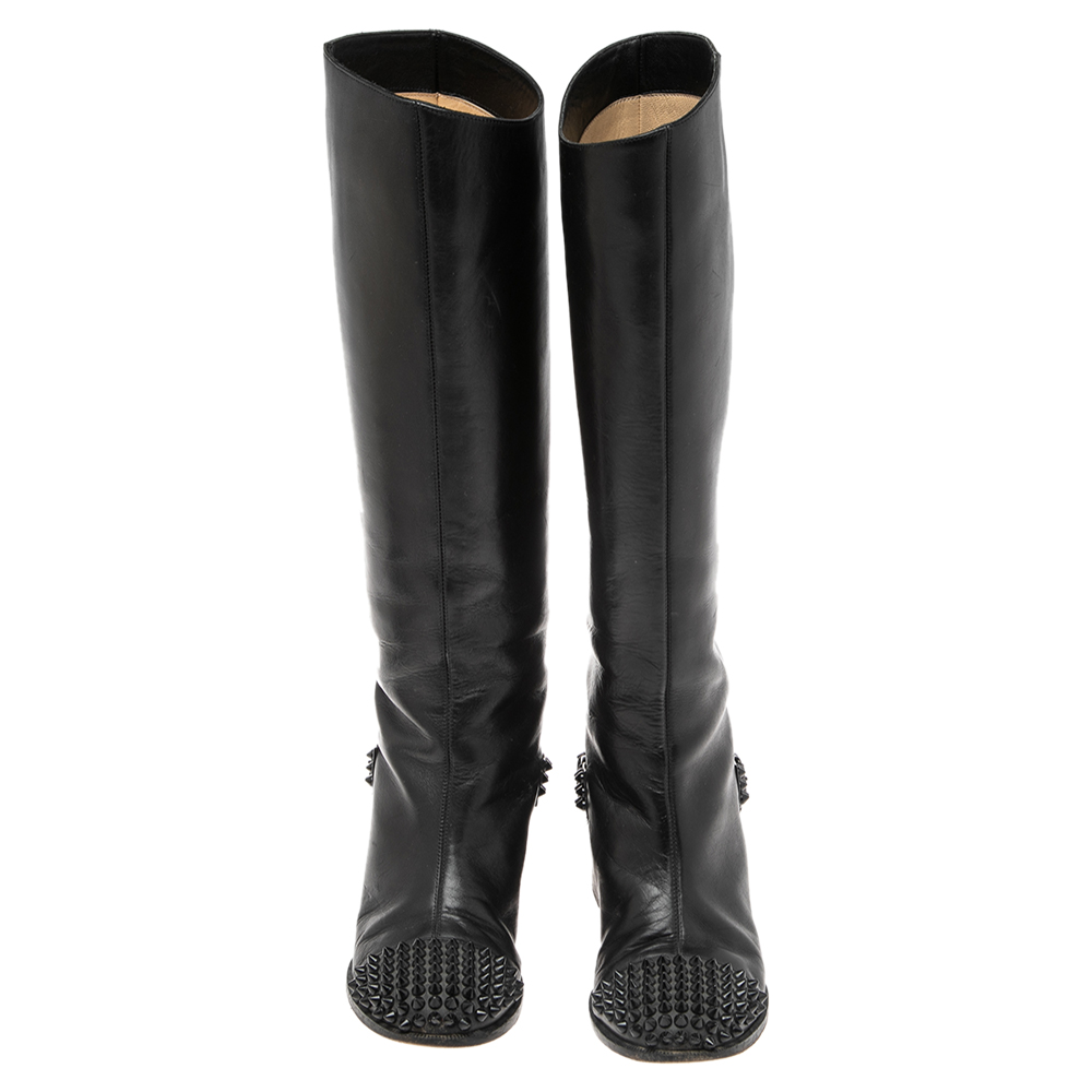 Christian Louboutin Black Leather Egoutina Spiked Cap Toe Knee Length Boots Size 36