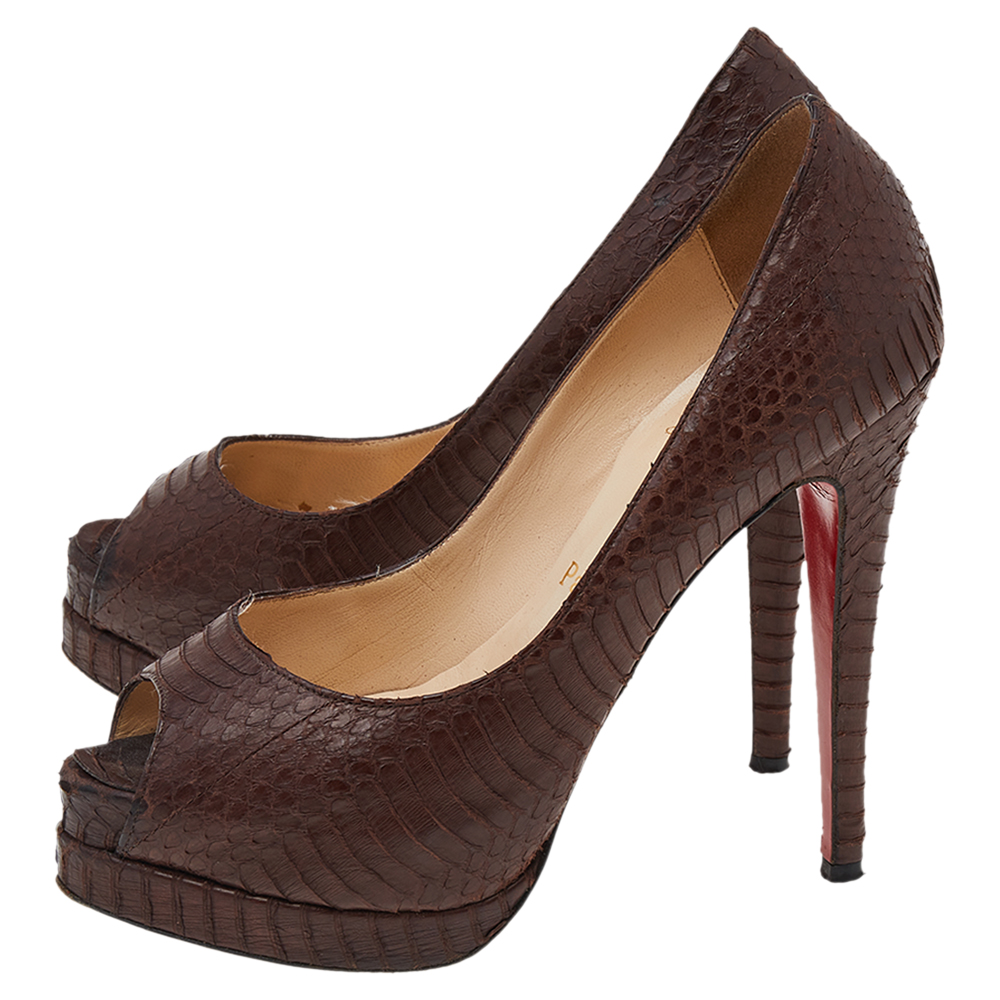 Christian Louboutin Brown Python Embossed Leather Peep Toe Pumps Size 36.5